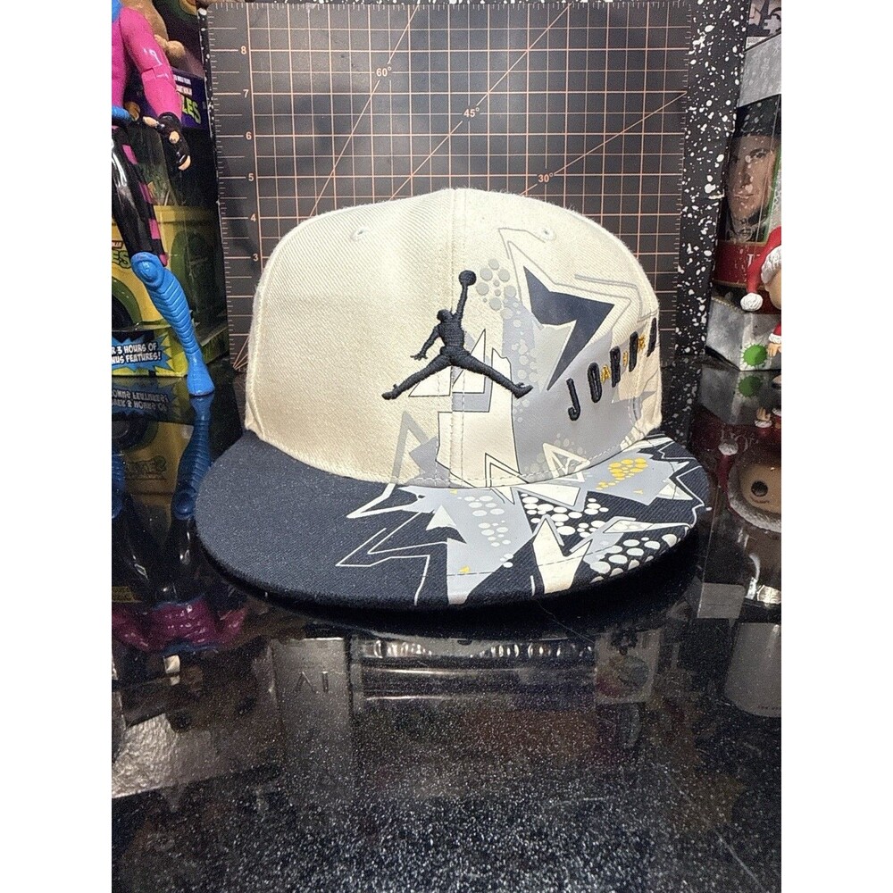 Air Jordan Fitted Hat 7 5/8 Retro 7 All Over Print Jumpman Cap Beige Dark Blue!